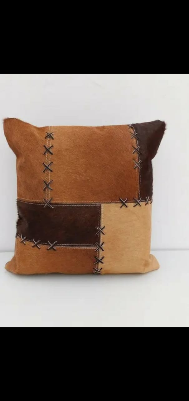 Handcrafted Genuine Leather Patchwork Cushion – Premium Cowhide Pillow Cover