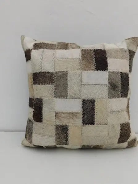 Handcrafted Genuine Leather Patchwork Cushion – Premium Cowhide Pillow Cover