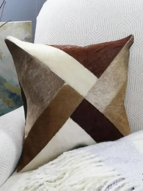 Handcrafted Genuine Leather Patchwork Cushion – Premium Cowhide Pillow Cover