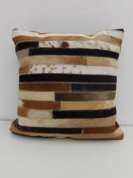 Handcrafted Genuine Leather Patchwork Cushion – Premium Cowhide Pillow Cover