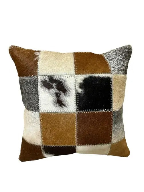 Handcrafted Genuine Leather Patchwork Cushion – Premium Cowhide Pillow Cover