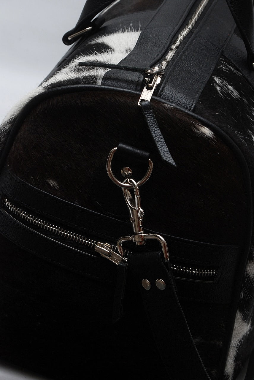 Black & White Cowhide Leather Travel Duffel Bag – Premium Handmade Weekender