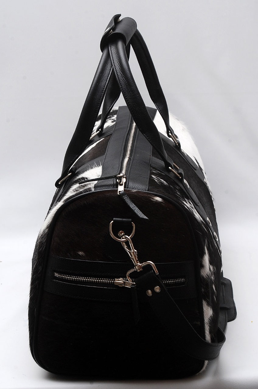 Black & White Cowhide Leather Travel Duffel Bag – Premium Handmade Weekender