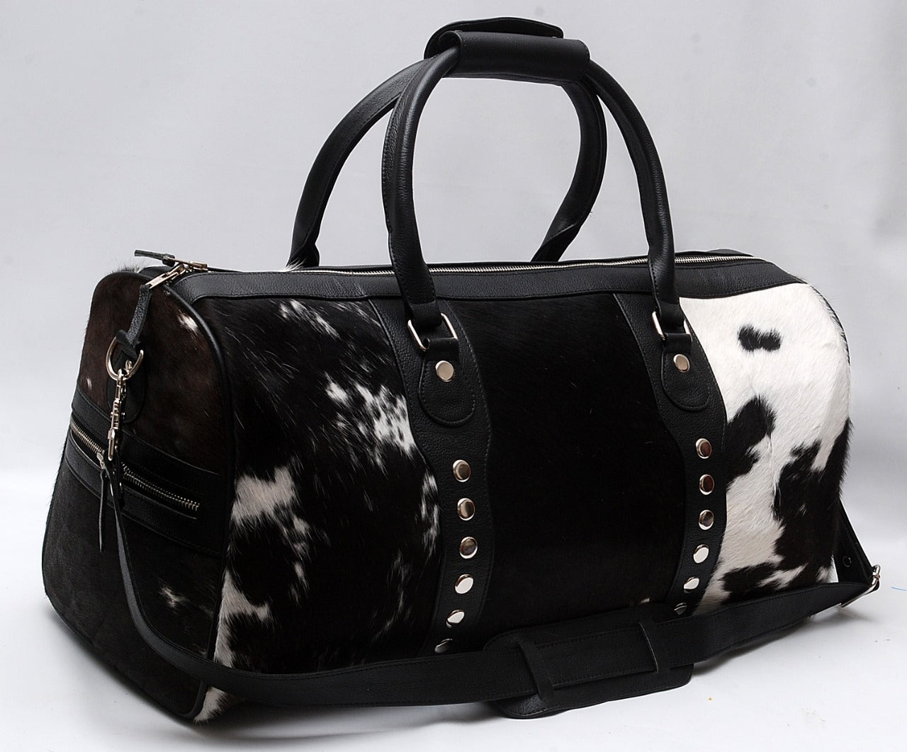 Black & White Cowhide Leather Travel Duffel Bag – Premium Handmade Weekender