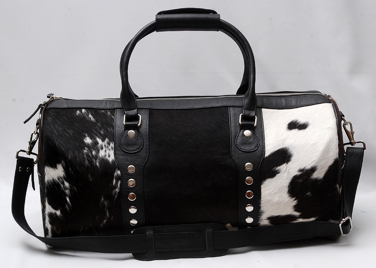 Black & White Cowhide Leather Travel Duffel Bag – Premium Handmade Weekender