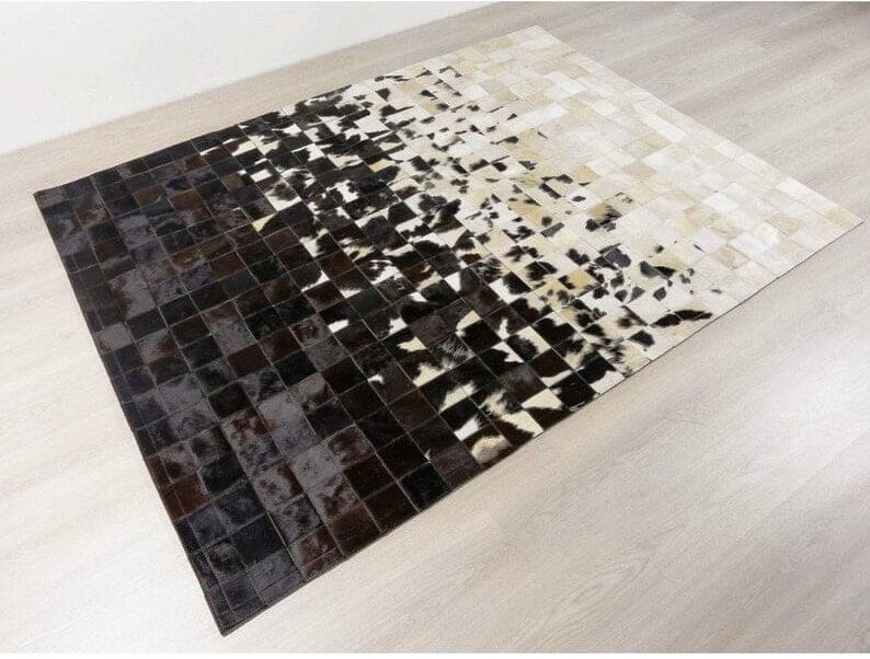 Luxury Genuine Leather Patchwork Rug – Modern Gradient Cowhide Carpet