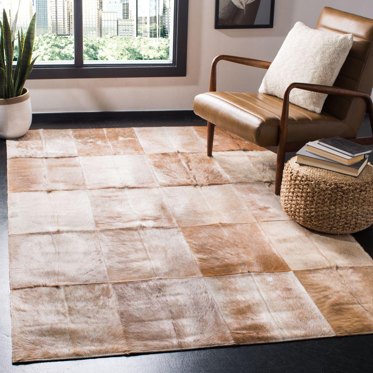 Luxury Genuine Leather Patchwork Rug – Modern Gradient Cowhide Carpet