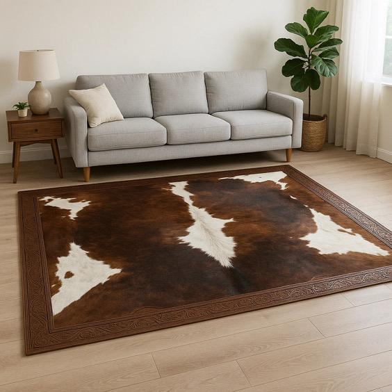 Luxury Genuine Leather Patchwork Rug – Modern Gradient Cowhide Carpet