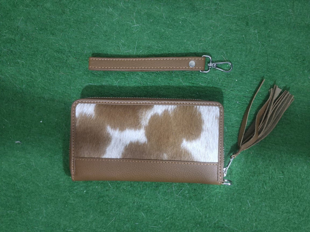 Premium Cowhide Leather Zip Wallet – Brown & White Hair-on Hide