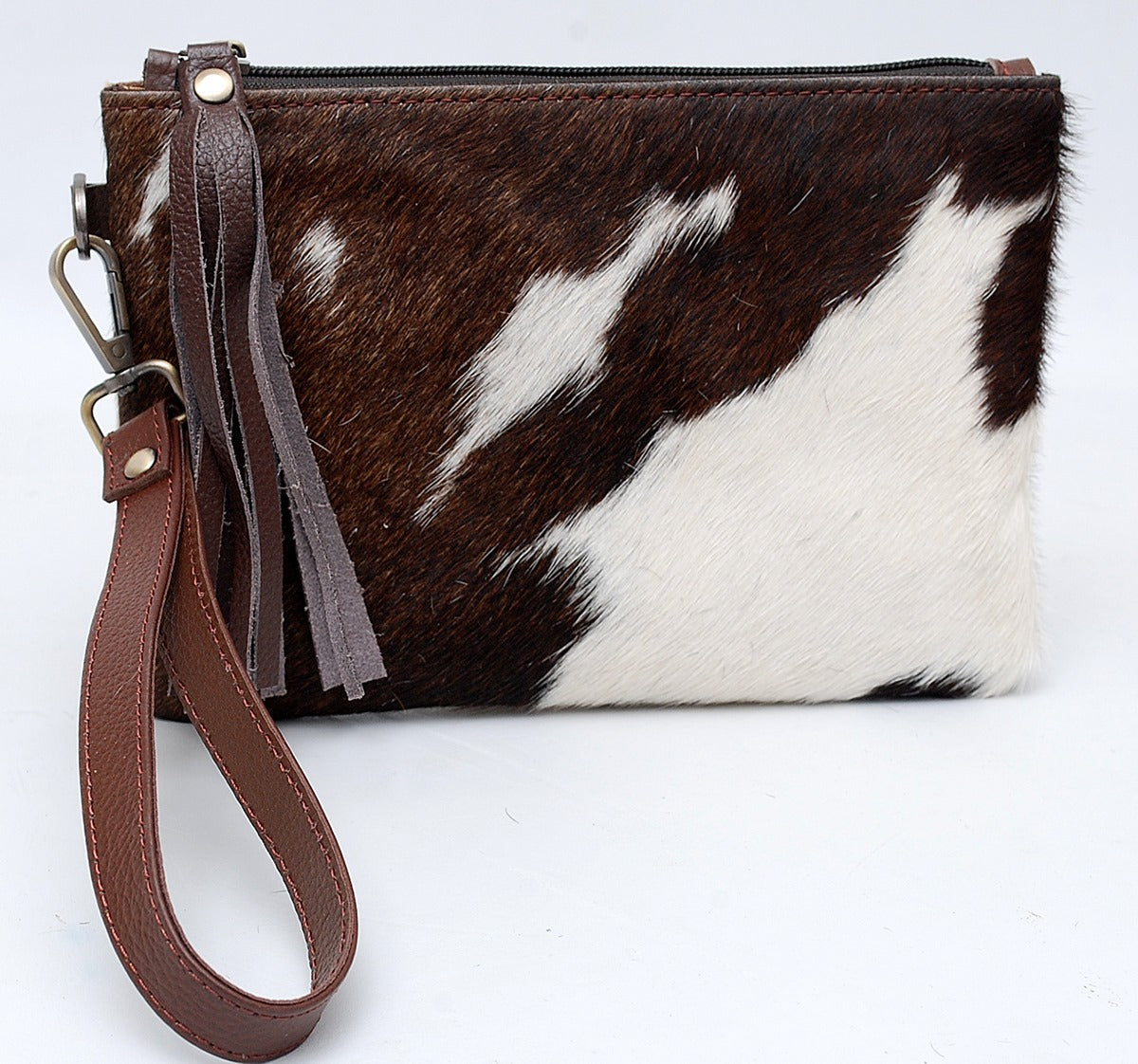 Premium Cowhide Leather Zip Wallet – Brown & White Hair-on Hide
