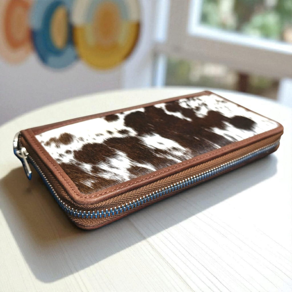 Premium Cowhide Leather Zip Wallet – Brown & White Hair-on Hide
