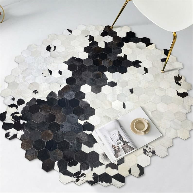 Premium Hexagon Cowhide Patchwork Rug – Black & White Genuine Leather Area Rug