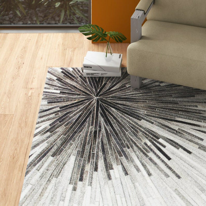 Premium Hexagon Cowhide Patchwork Rug – Black & White Genuine Leather Area Rug