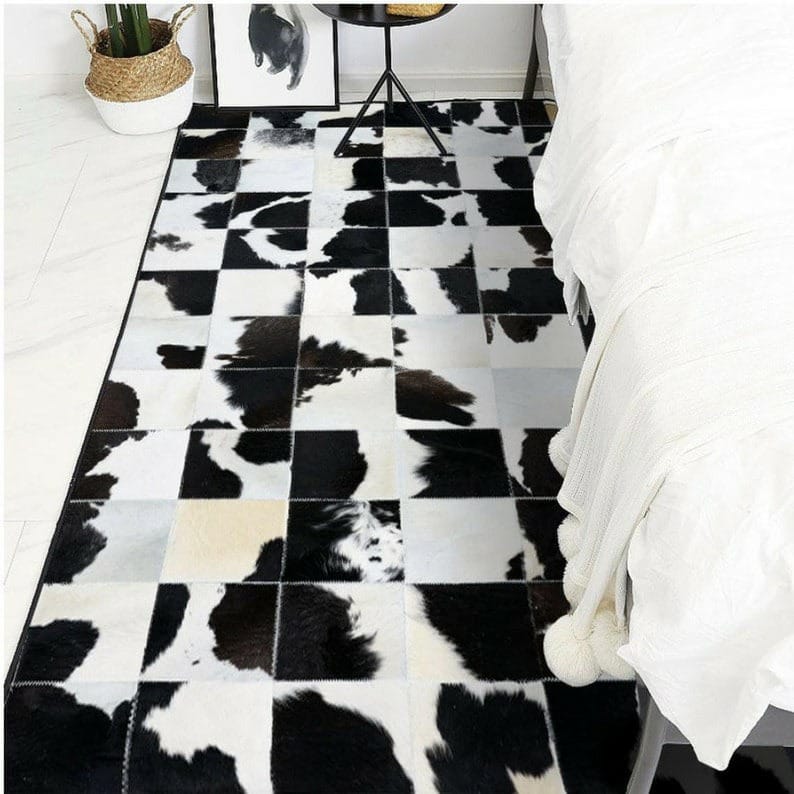 Premium Hexagon Cowhide Patchwork Rug – Black & White Genuine Leather Area Rug