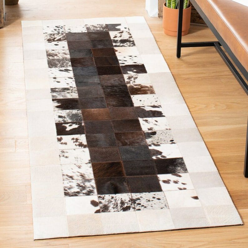 Premium Hexagon Cowhide Patchwork Rug – Black & White Genuine Leather Area Rug