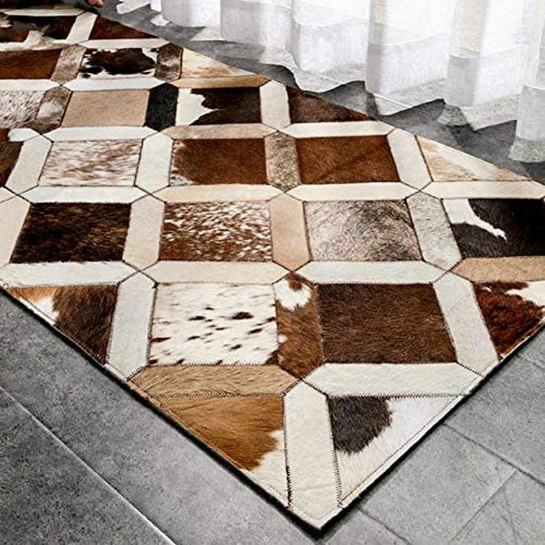 Premium Hexagon Cowhide Patchwork Rug – Black & White Genuine Leather Area Rug