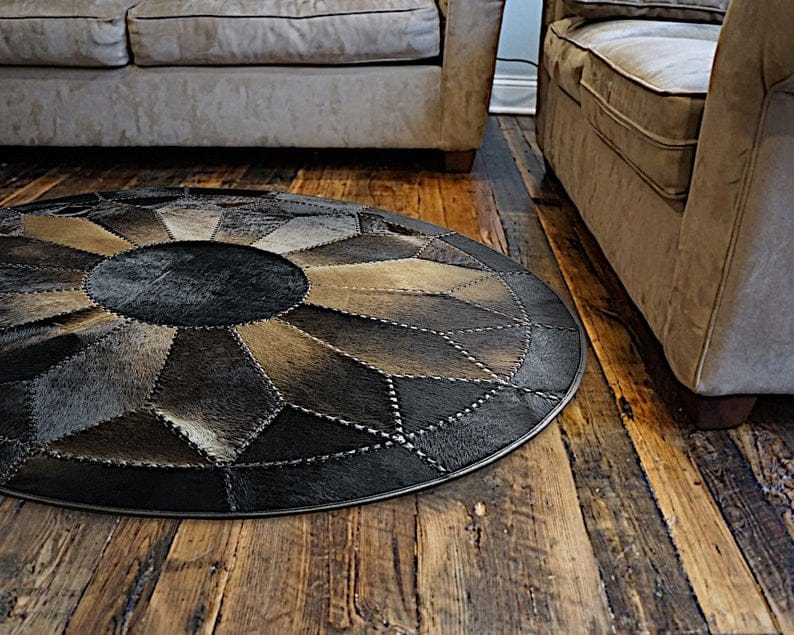 Premium Hexagon Cowhide Patchwork Rug – Black & White Genuine Leather Area Rug