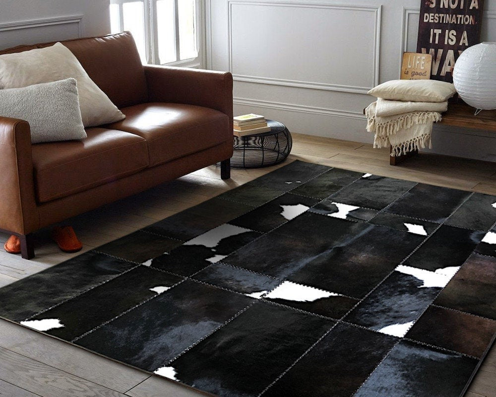 Premium Hexagon Cowhide Patchwork Rug – Black & White Genuine Leather Area Rug